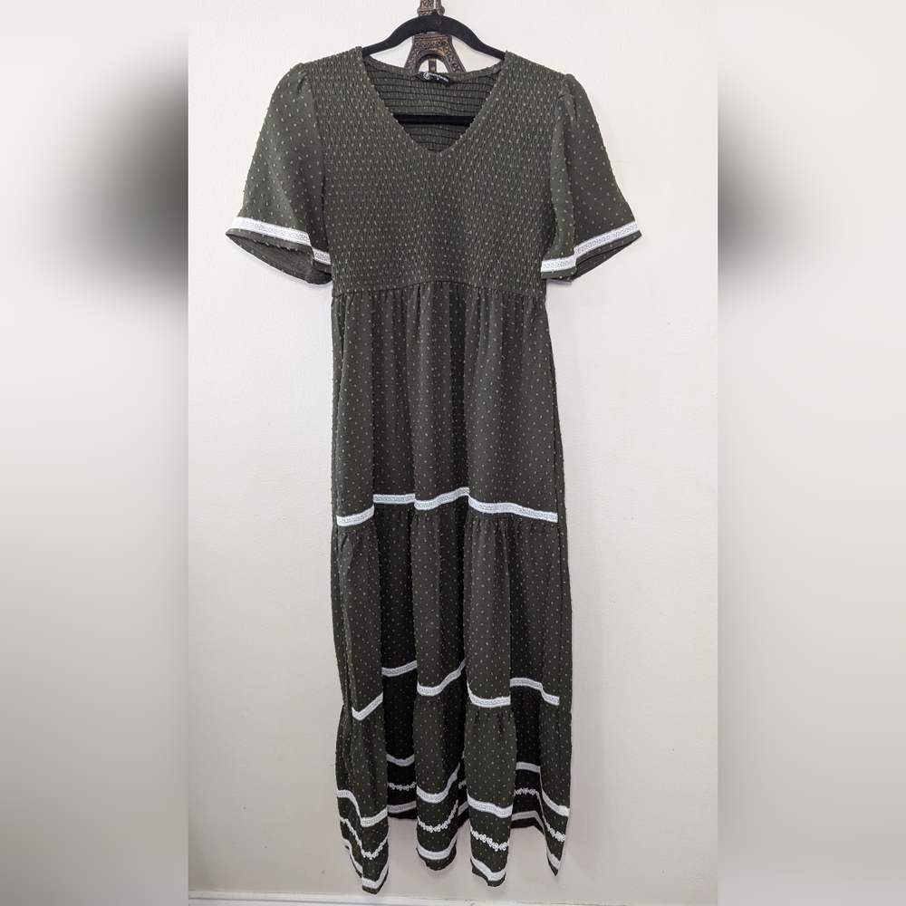 PrettyGarden Cottagecore Maxi Dress Olive Green Lace Fairy Goblin Women's Size S
